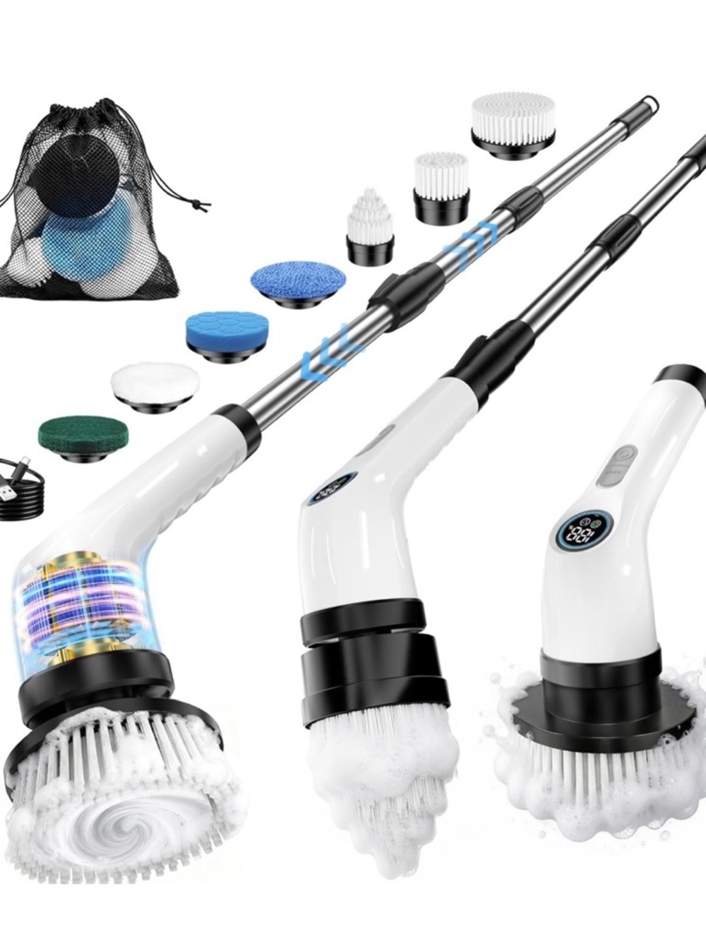 Electric Spin Scrubber with Interchangeable Brush Heads - White & Black